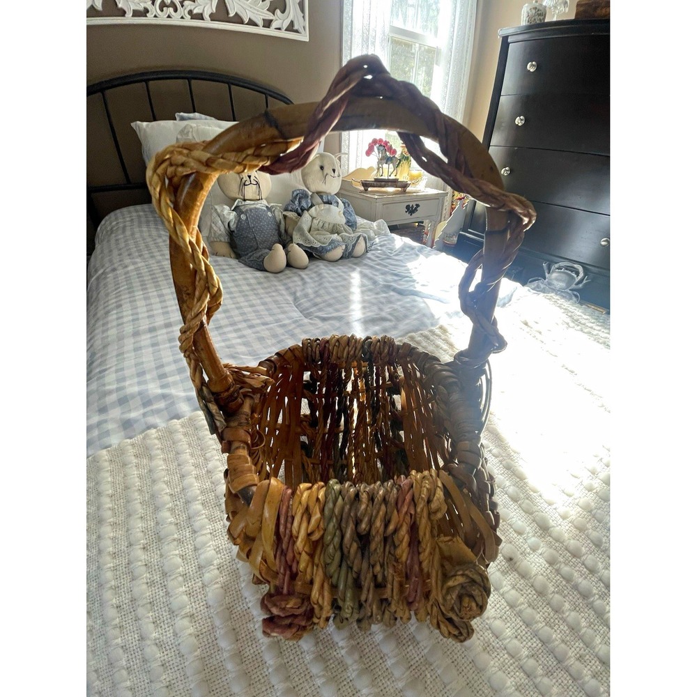 Handmade Small Wicker Woven Square Basket Twisted Handle Rustic Multicolor